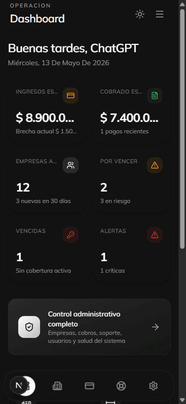 Captura real móvil del panel administrativo de Nexgox
