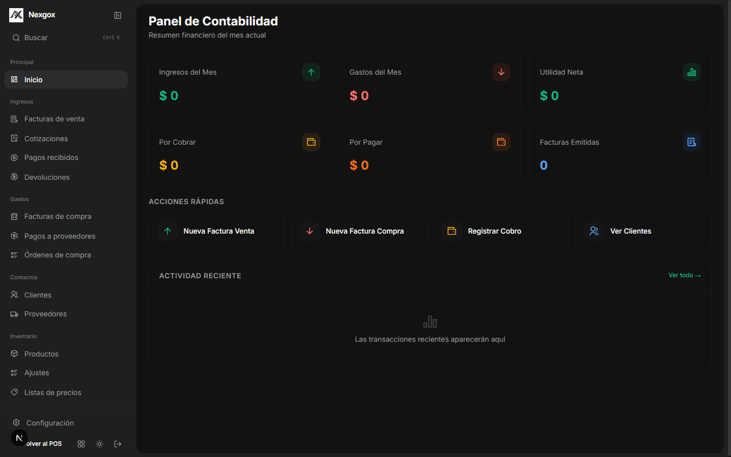 Captura real del shell operativo de Nexgox con navegación hacia POS y módulos administrativos